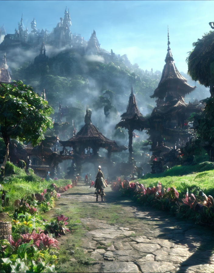 Person Walking to Ancient Mystical City with Ornate Temples in Lush Setting