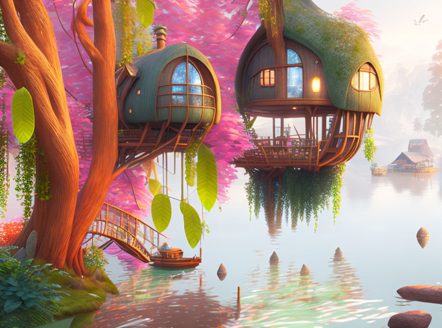 Serene fantasy landscape with treehouses, lake, boat, and sunset