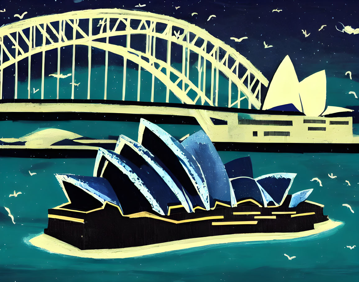 Nighttime illustration of Sydney Opera House and Harbour Bridge with starry sky and birds.