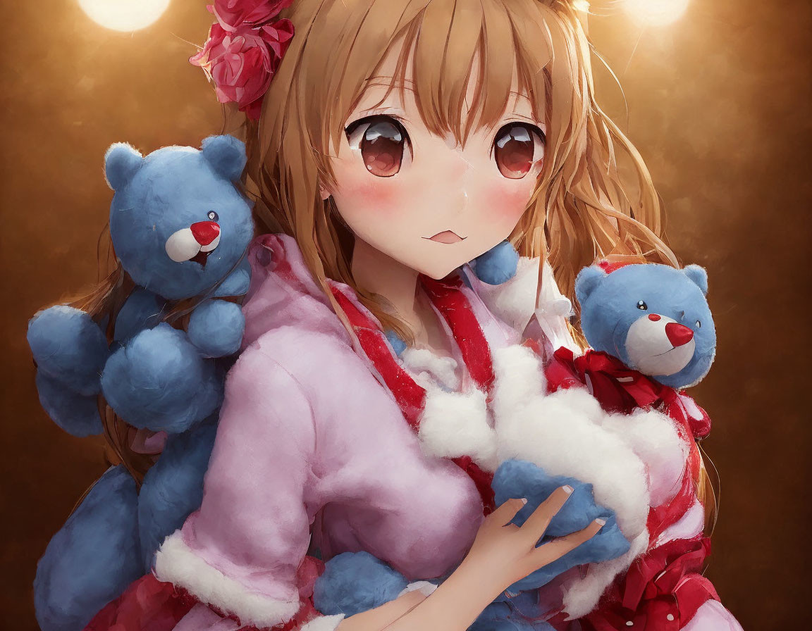 Brown-haired girl with blue teddy bears in fluffy pink outfit on warm brown background