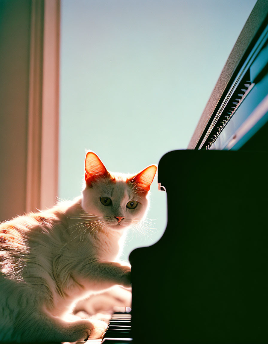 White and Ginger Cat by Piano in Sunlit Room