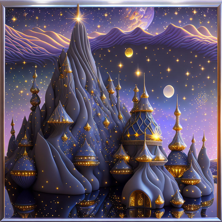 Fantasy mountain castle illustration with glowing stars and ocean wave pattern sky