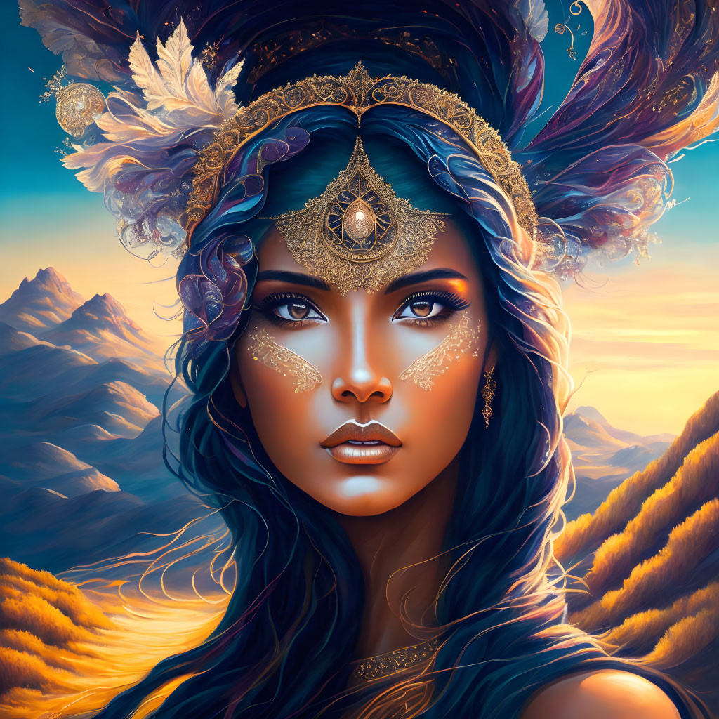 Mystical woman with ornate headgear in mountain sunset scene