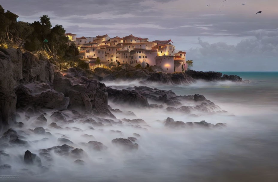 Twilight coastal scene with misty sea, rocky shore, lit buildings, and birds.