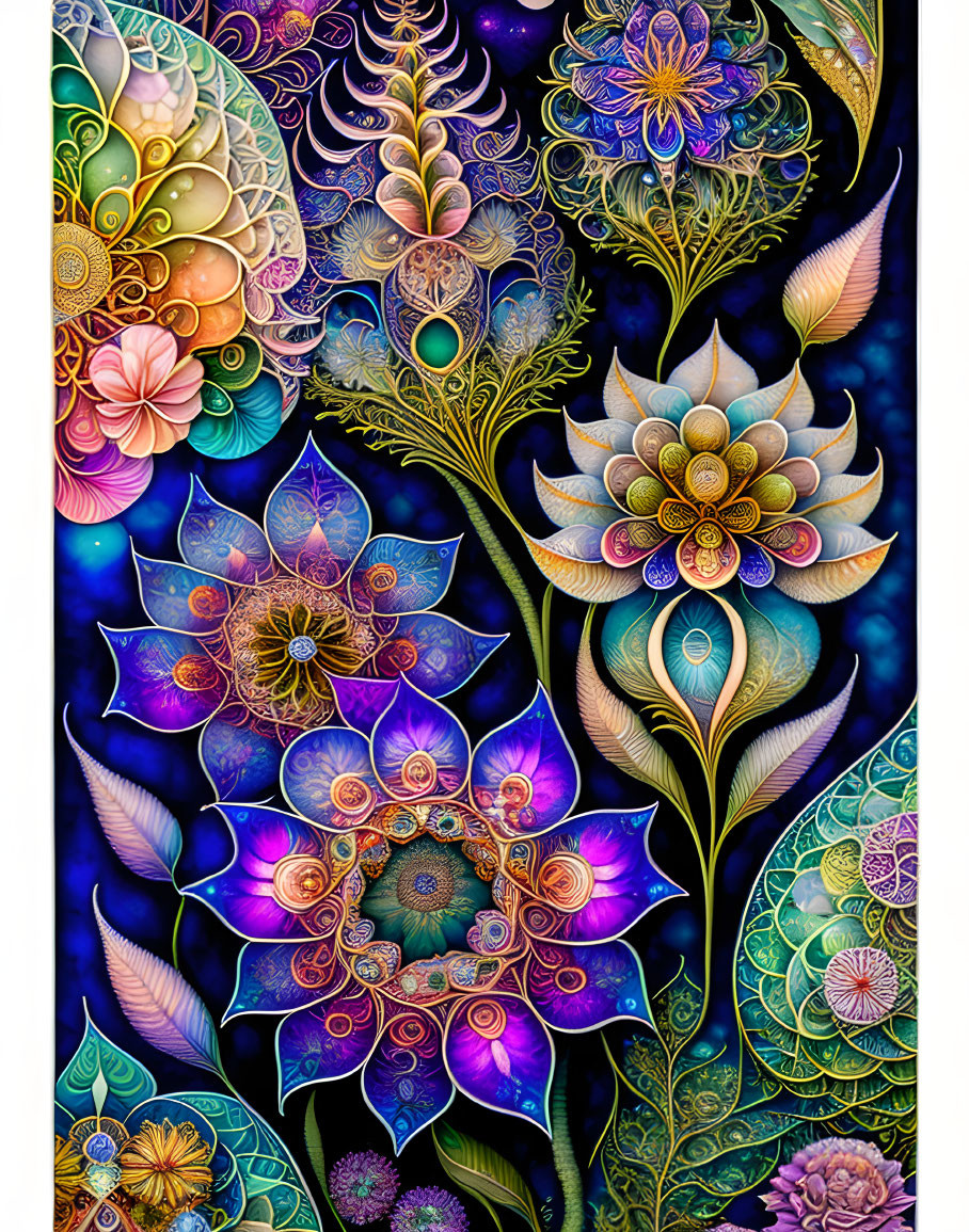 Colorful Floral and Intricate Pattern Artwork on Dark Background