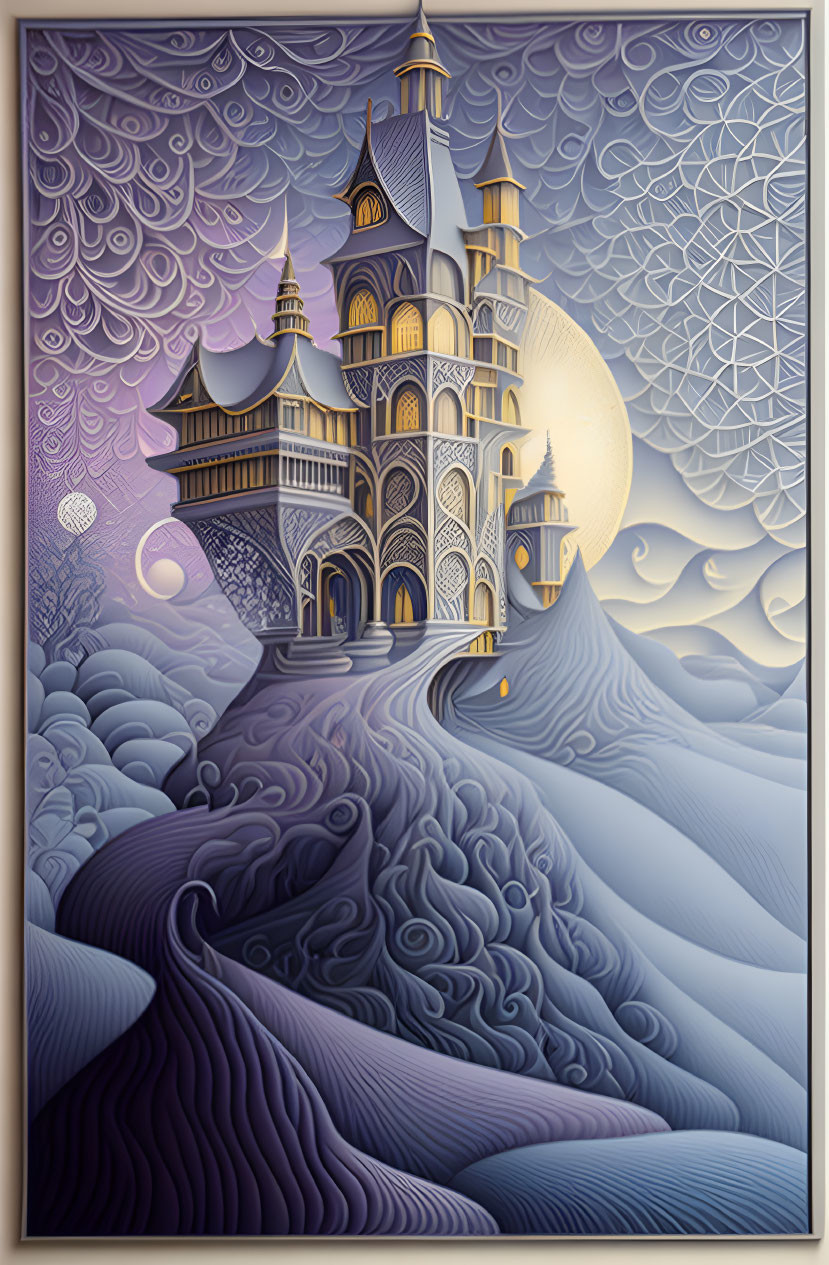 Fantasy castle with spires and arches in surreal landscape under moonlit sky.