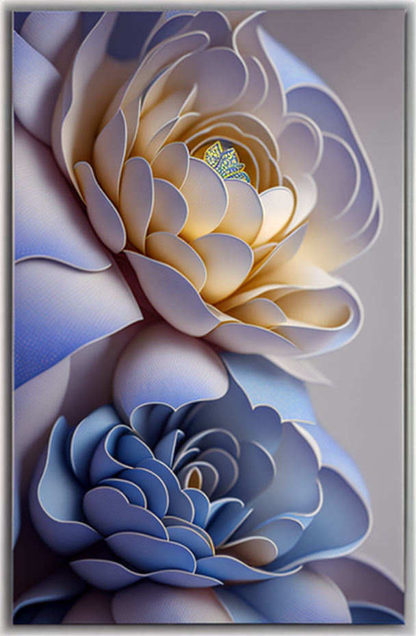 Layered cream and blue roses in abstract art on gray background