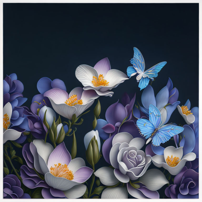 Vibrant Purple and White Flowers with Blue Butterfly on Dark Background