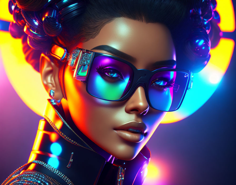 Stylized woman with vibrant makeup and futuristic attire on neon-lit background