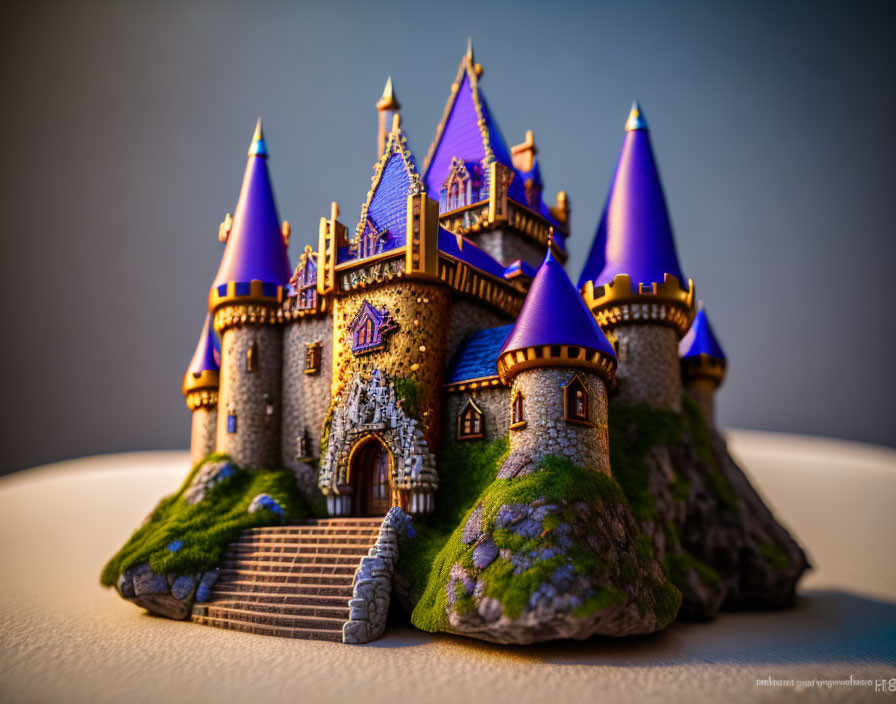 Miniature fairy tale castle with purple turrets and mossy hills