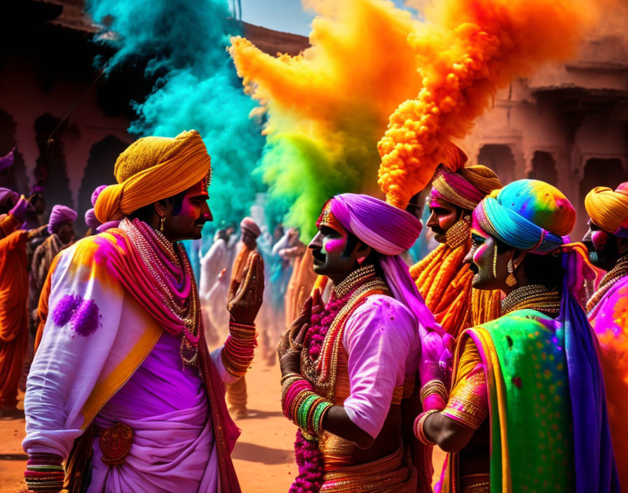 Colorful Holi Festival Celebration with Traditional Attire and Bright Powder Clouds