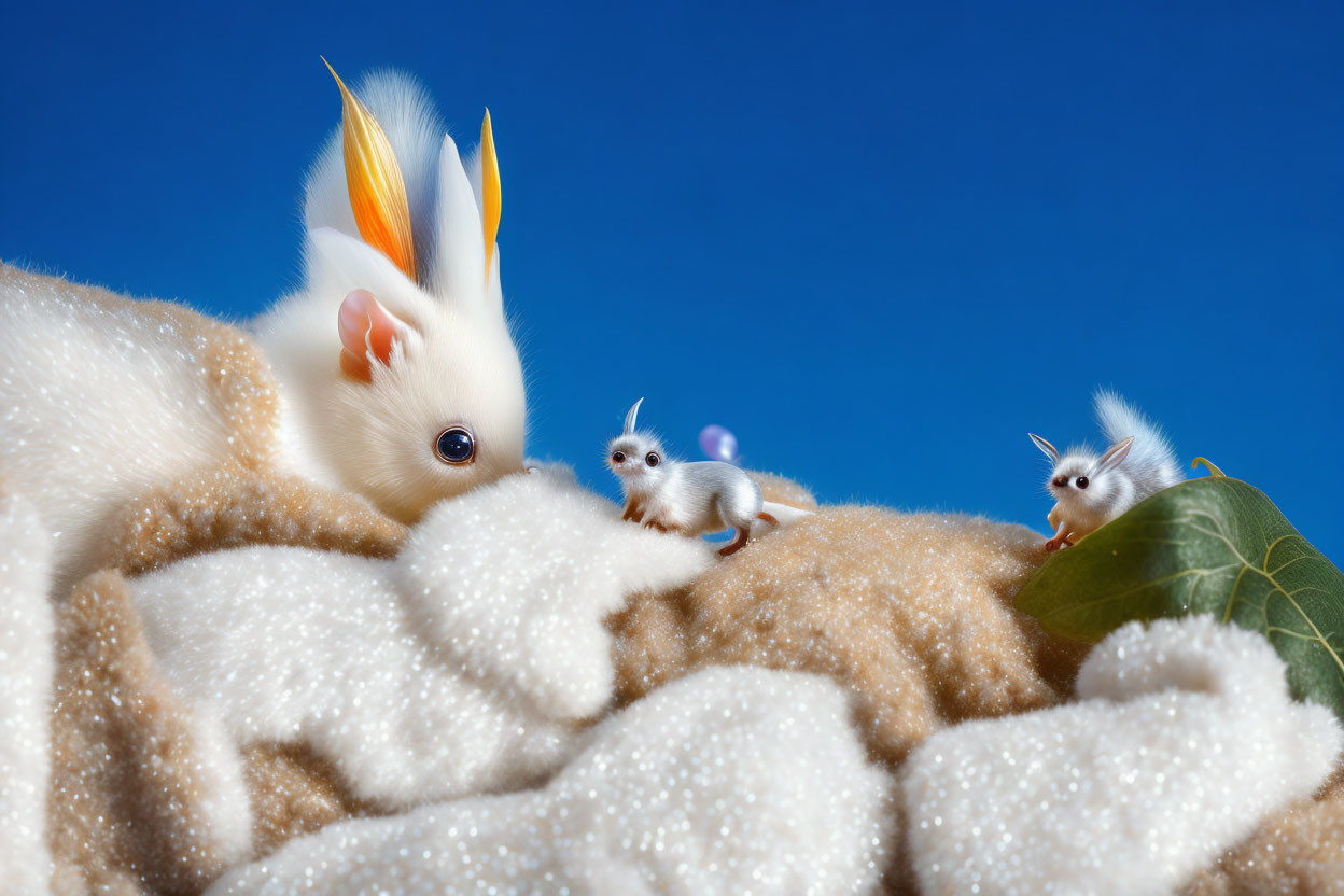 Small white creatures in rabbit-like ears exploring fluffy cloud landscape