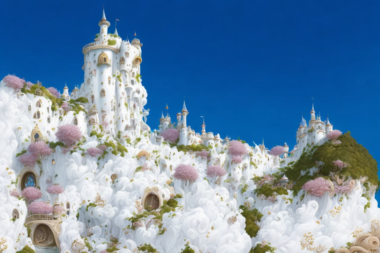 Ornate white castles in whimsical landscape with pink flora