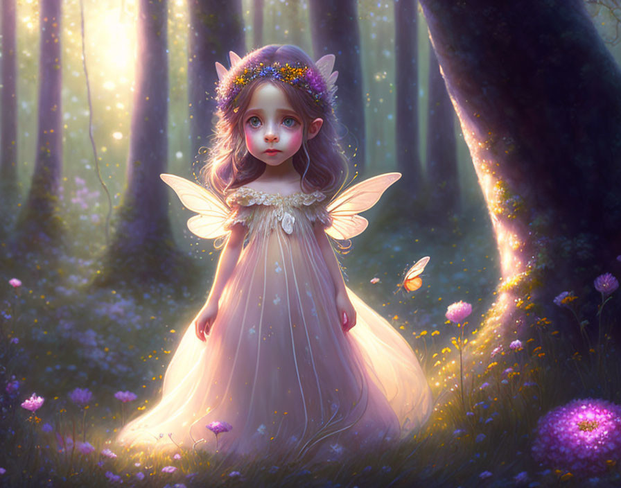 Ethereal fairy child with translucent wings in magical forest