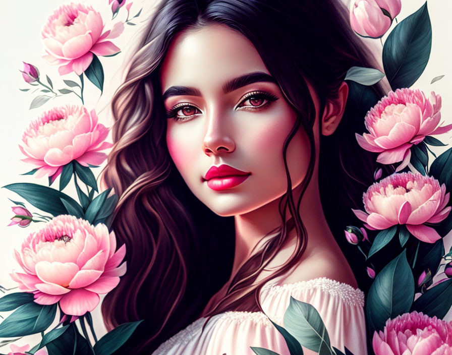 Stylized portrait of woman with dark hair and radiant skin among pink peonies