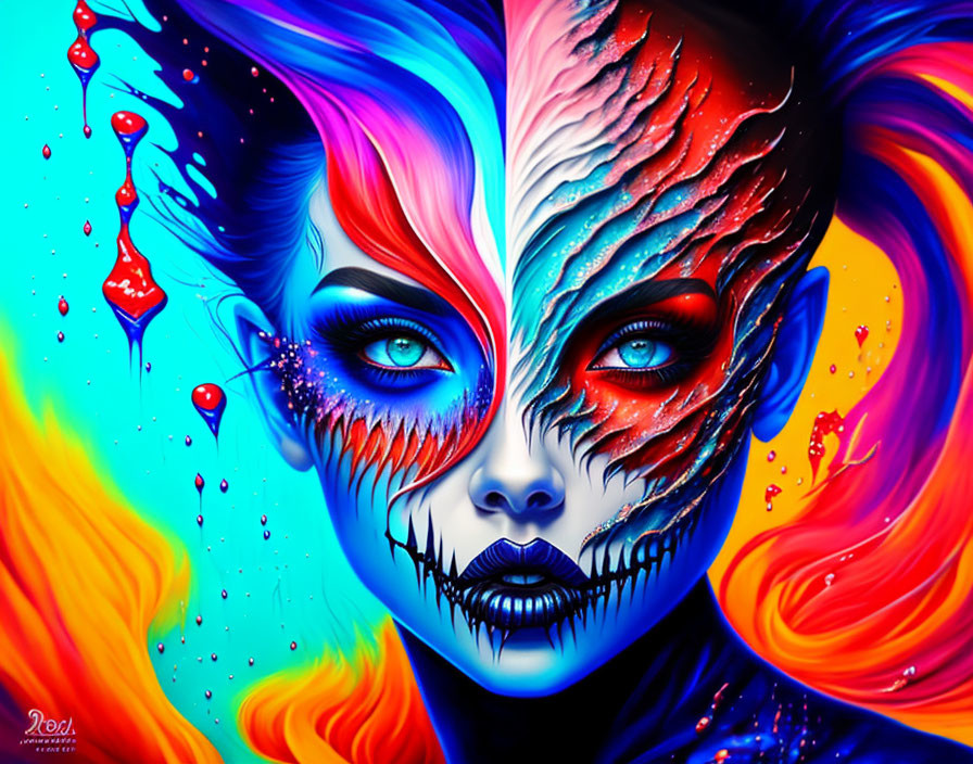 Digital Artwork: Woman's Face Split in Colorful and Skeletal Styles