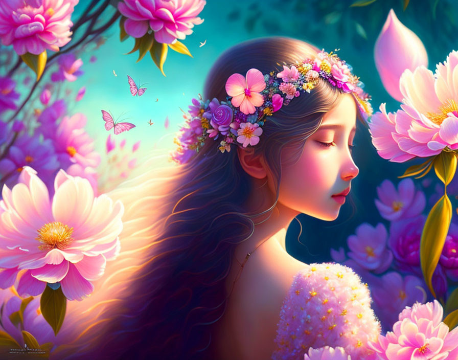 Woman with floral headband in enchanted garden with pink flowers and butterflies