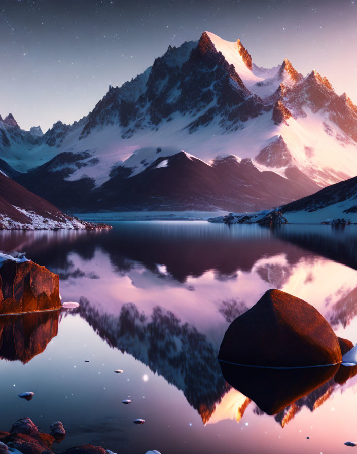 Serene mountain lake at twilight with snow-capped peaks reflection