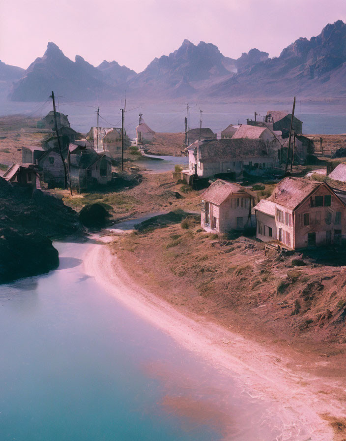 Dilapidated houses by winding river with mountains under pink sky