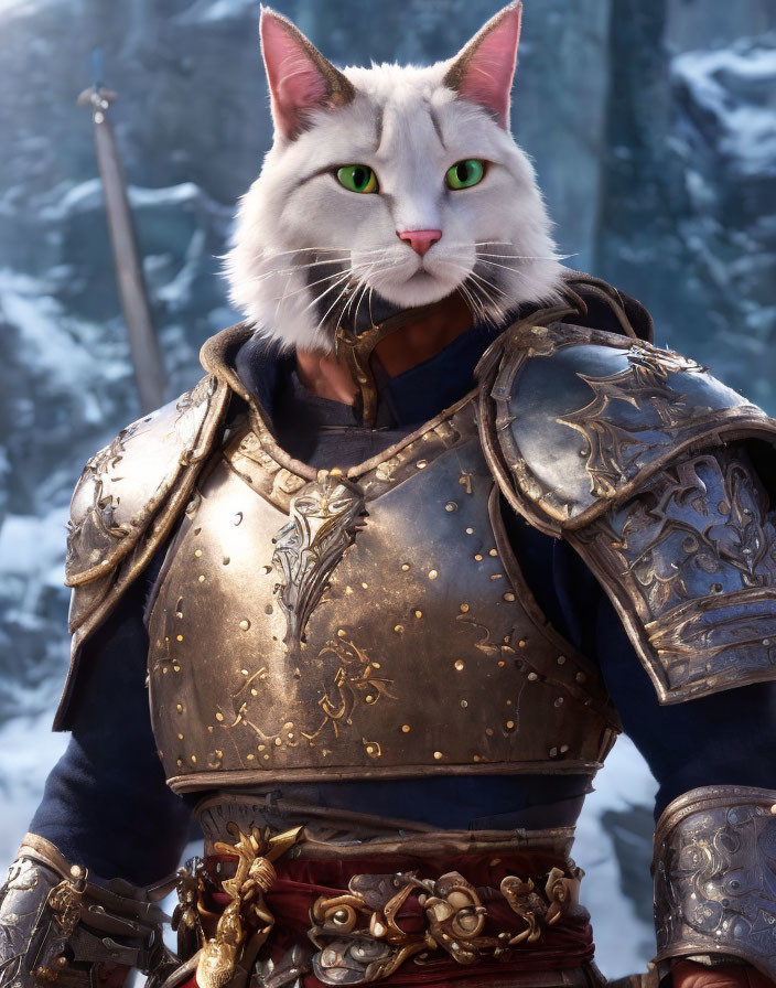 Cat in medieval armor poses with sword in snowy setting