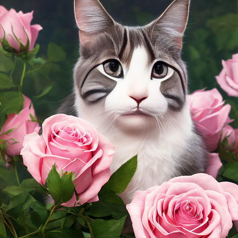 Cat and human blend in pink rose backdrop.