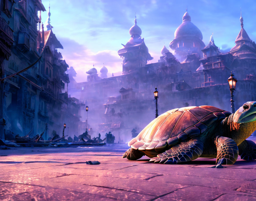 Colorful Turtle on Cobblestone Street with Intricate Buildings and Domes Against Purple Sky