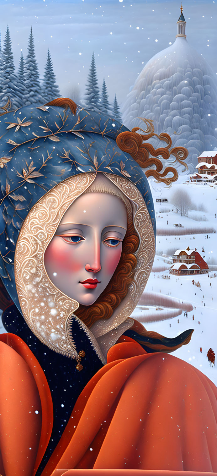 Illustrated woman in golden headscarf and orange cloak in snowy village scene