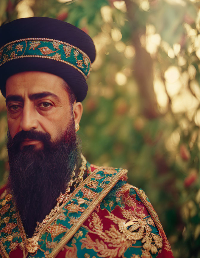 Bearded man in jewel-encrusted turban and traditional outfit gazes into the distance