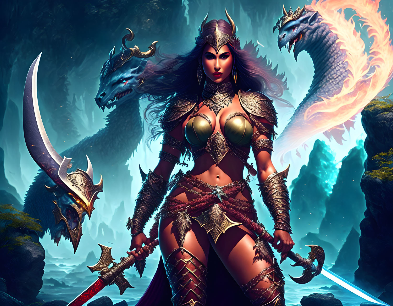 Fantasy warrior woman with dragons in mystical landscape