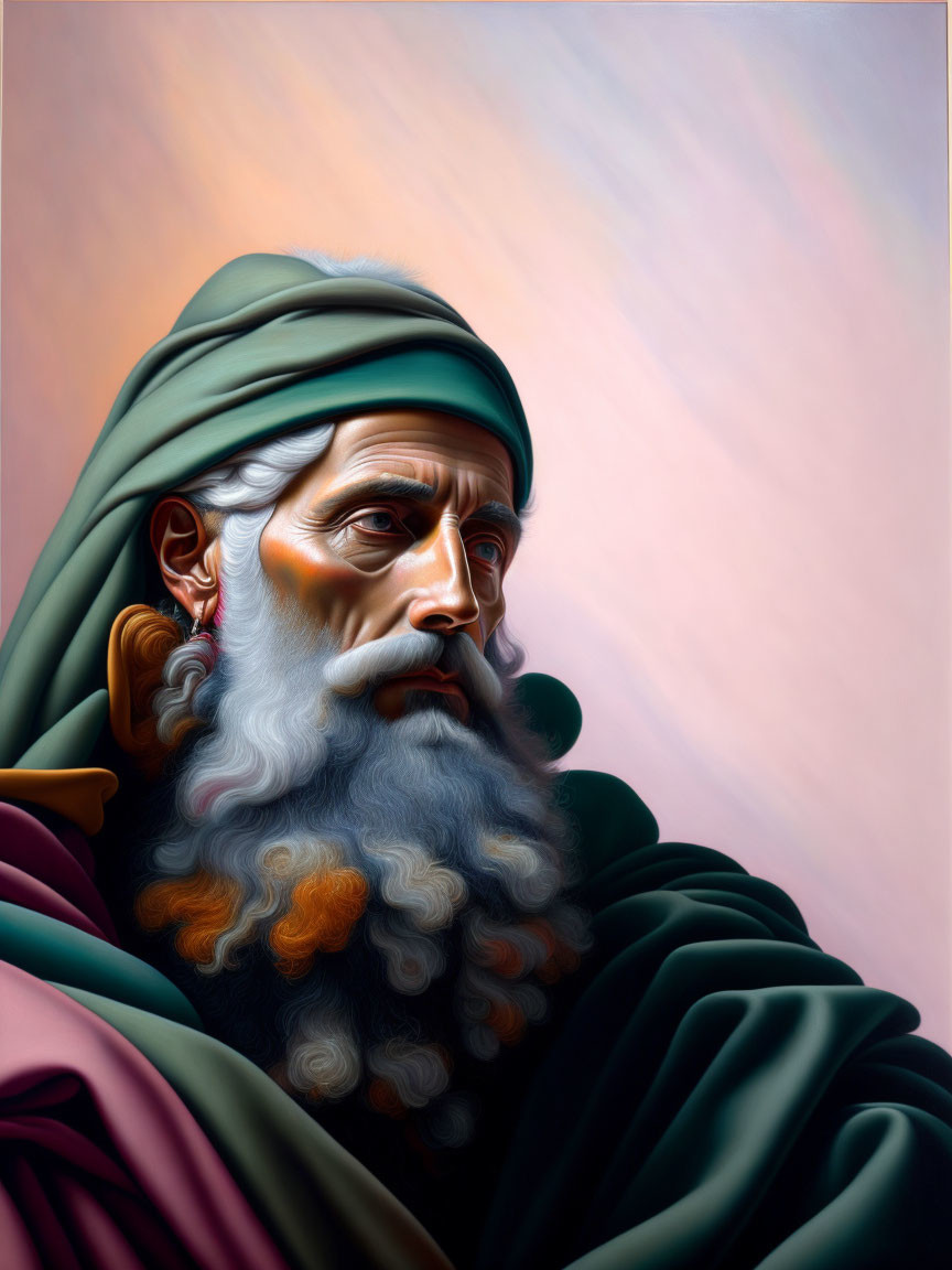 Elderly man portrait in green robe and turban