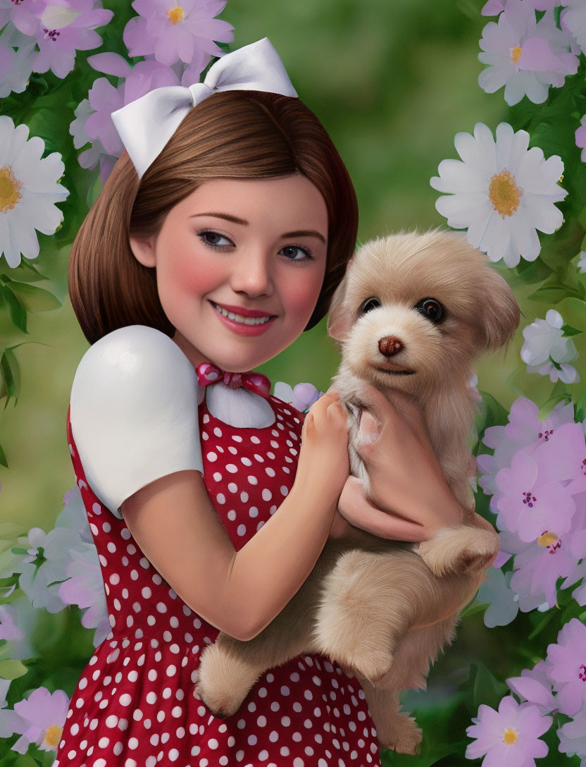 Smiling animated girl with cute puppy in red polka-dot dress