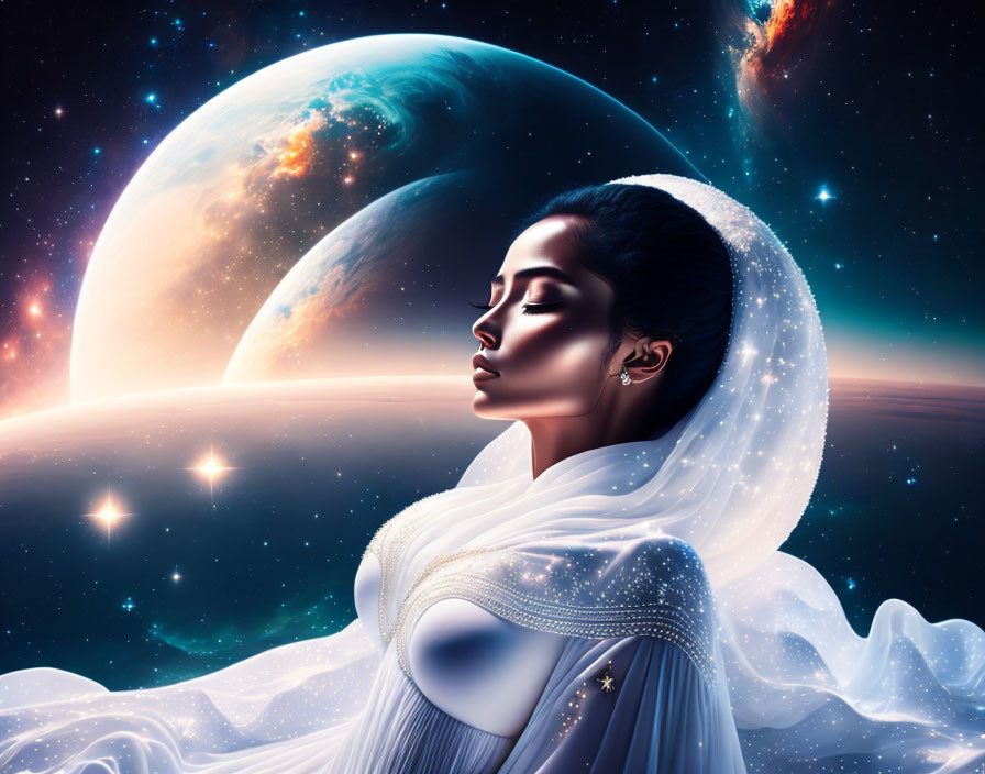 Serene woman in white garments against cosmic backdrop