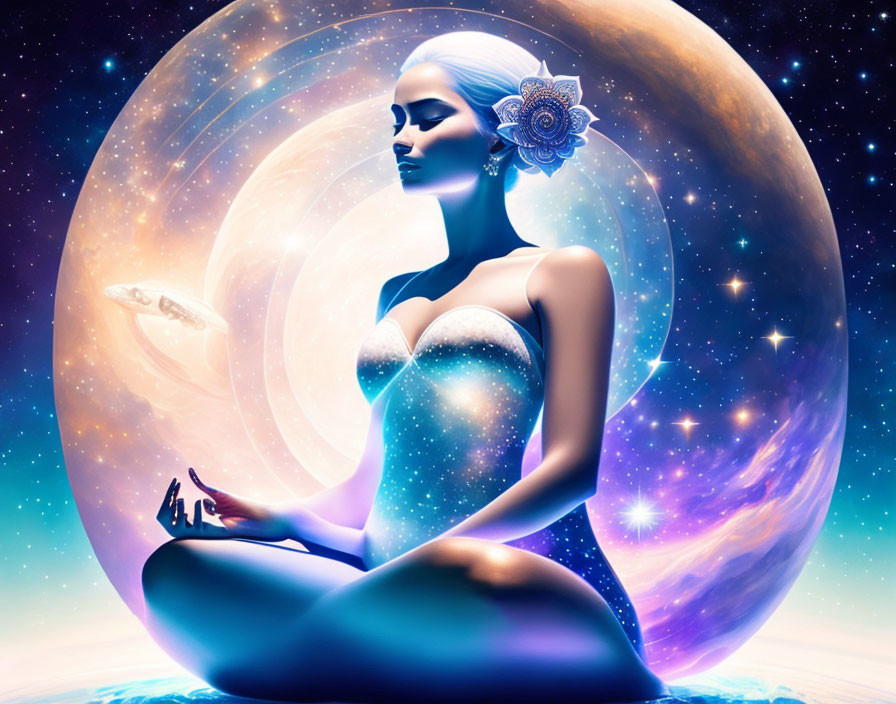 Woman meditating with white hair and flower, cosmic background, stars, and celestial bodies