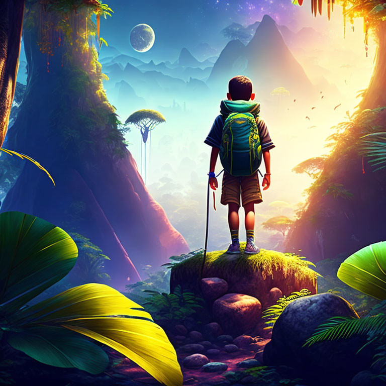 Child with backpack admiring lush jungle with waterfall and moon