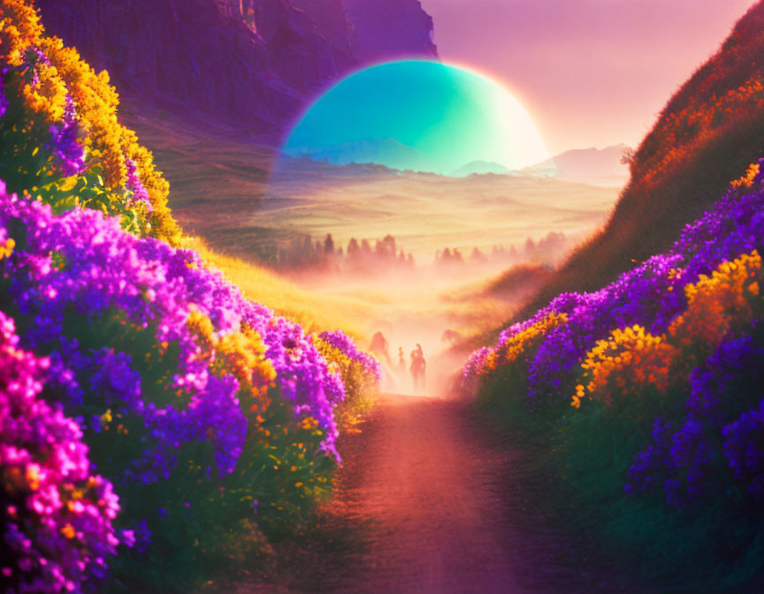 Vibrant purple flowers in surreal landscape with silhouetted figures and colorful orb.