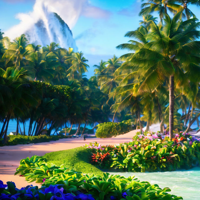 Tropical beach scene with palm trees and colorful flowers