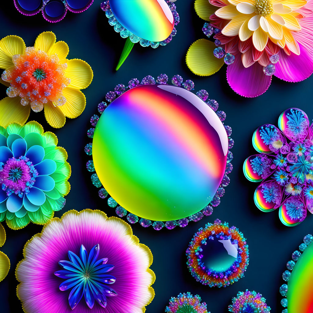 Colorful digital artwork: iridescent bubbles, intricate flowers, jeweled accents