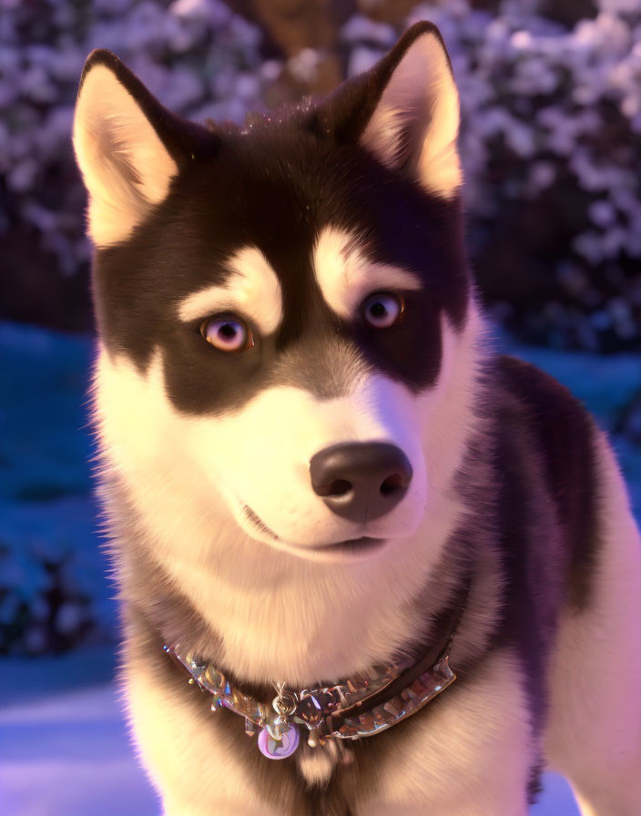 Blue-eyed Siberian Husky in studded collar on violet backdrop with trees