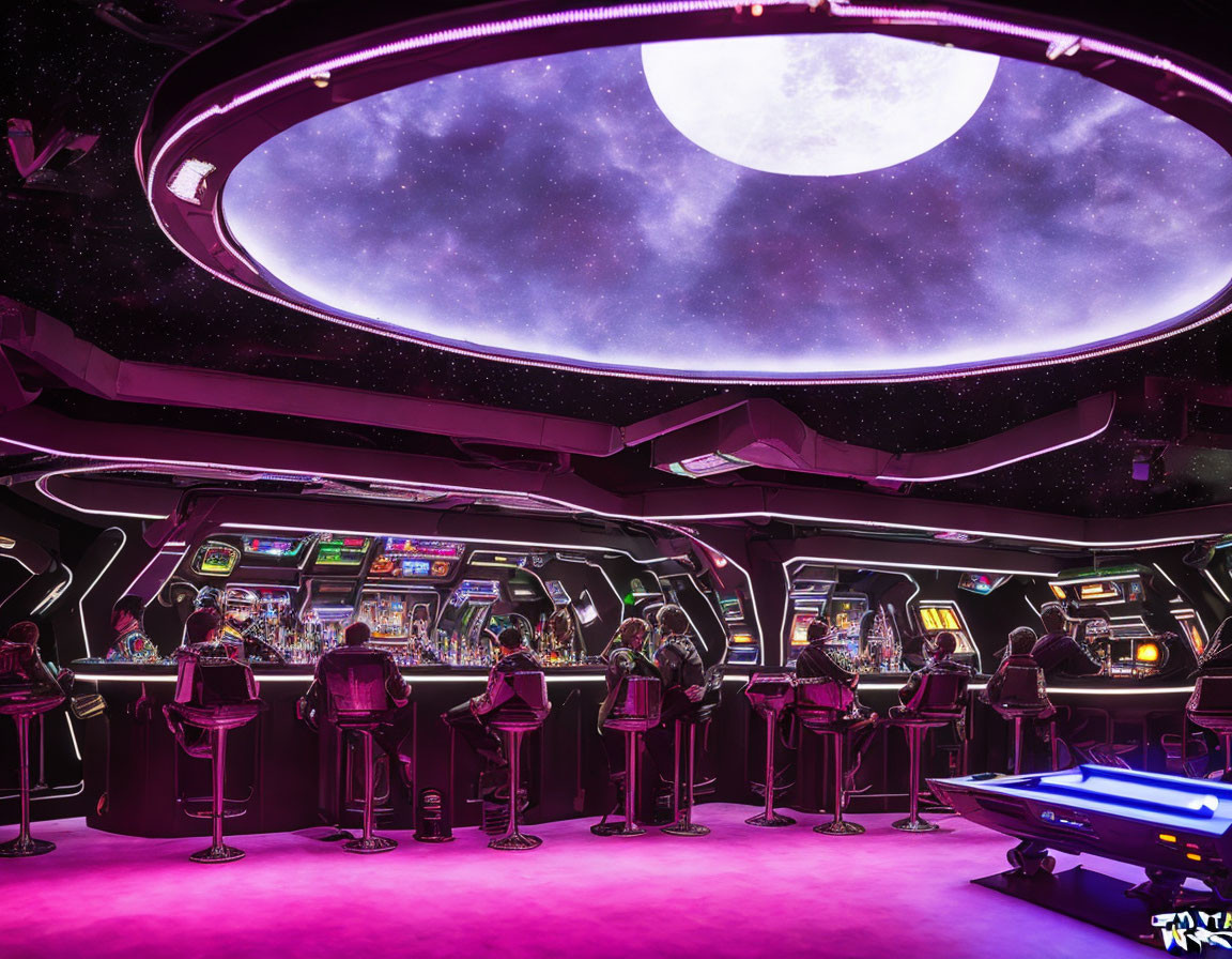 Futuristic cosmic-themed casino with slot machines and neon lighting