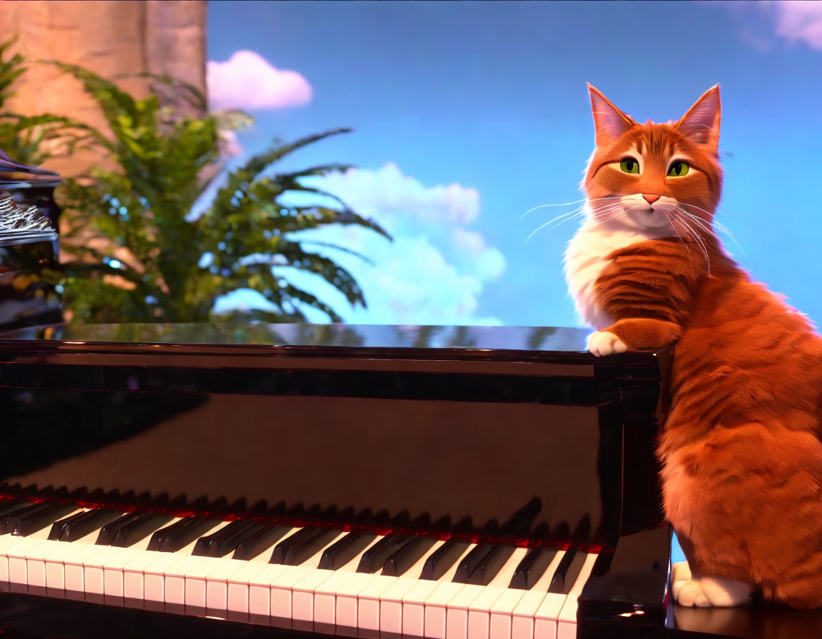 Orange Cat with Green Eyes by Piano Under Sunny Sky