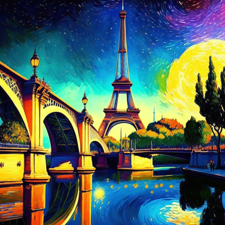 Stylized Eiffel Tower painting with vibrant colors