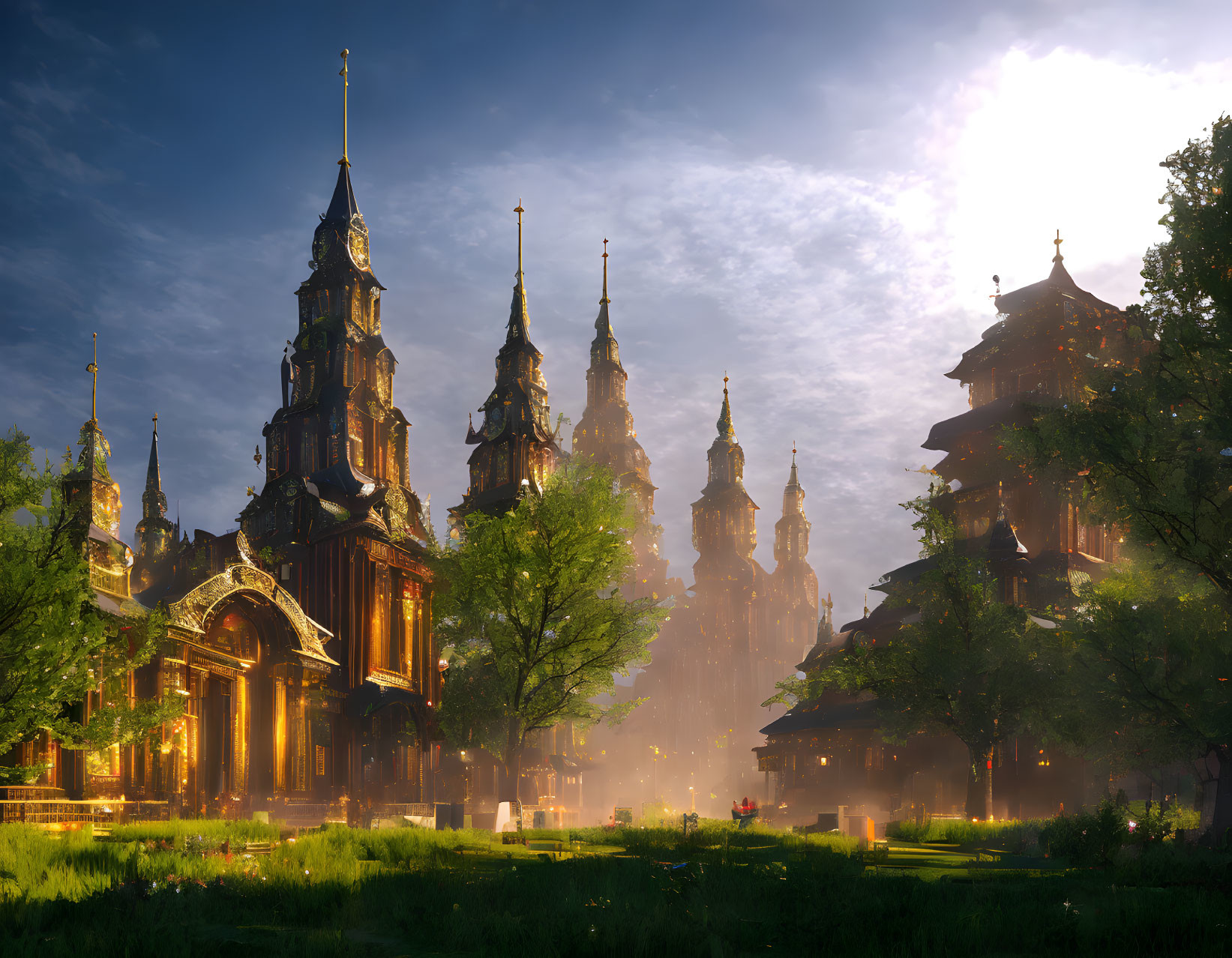 Fantastical cityscape at sunrise with towering buildings and lush greenery