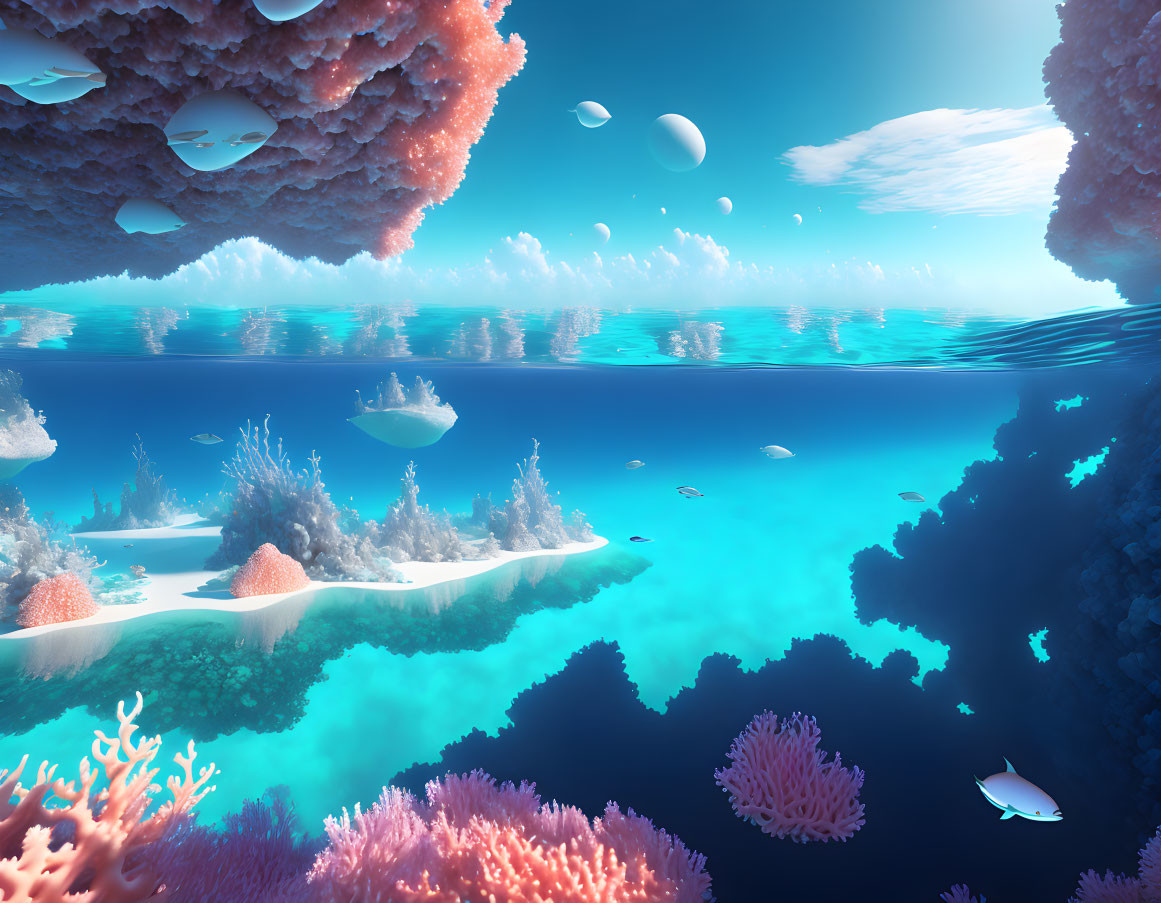 Colorful Coral Reefs and Fish in Surreal Underwater Scene