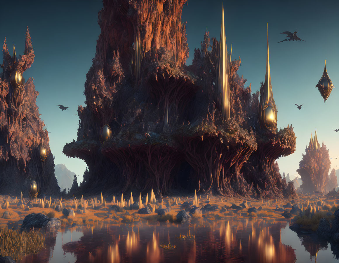 Fantastical landscape with towering rock formations and floating islands