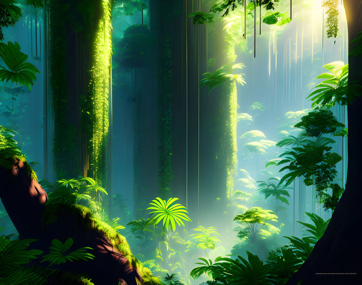 Lush Green Forest with Towering Trees and Vibrant Ferns