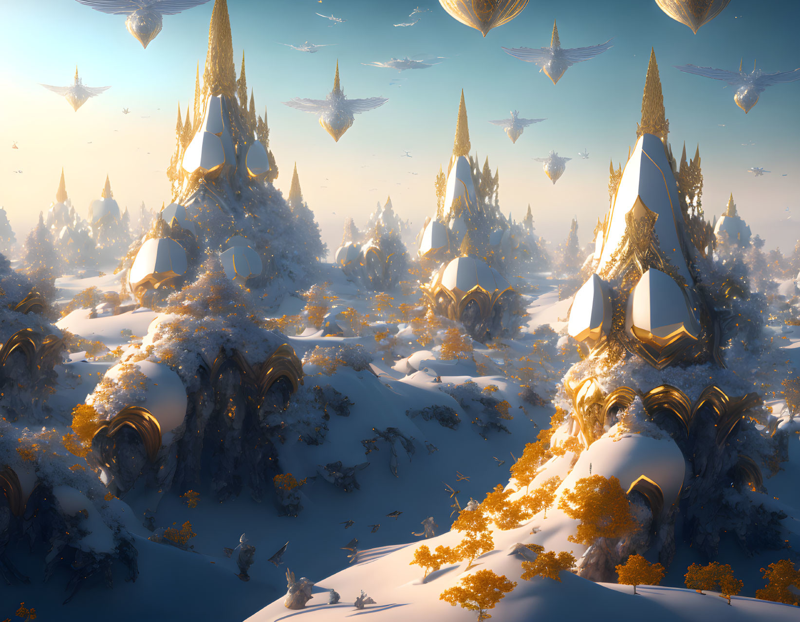 Snowy landscape with golden futuristic structures and flying ships above illuminated forest