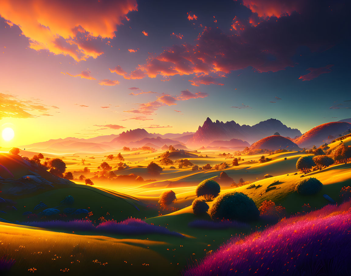 Scenic sunset landscape with purple fields and mountains