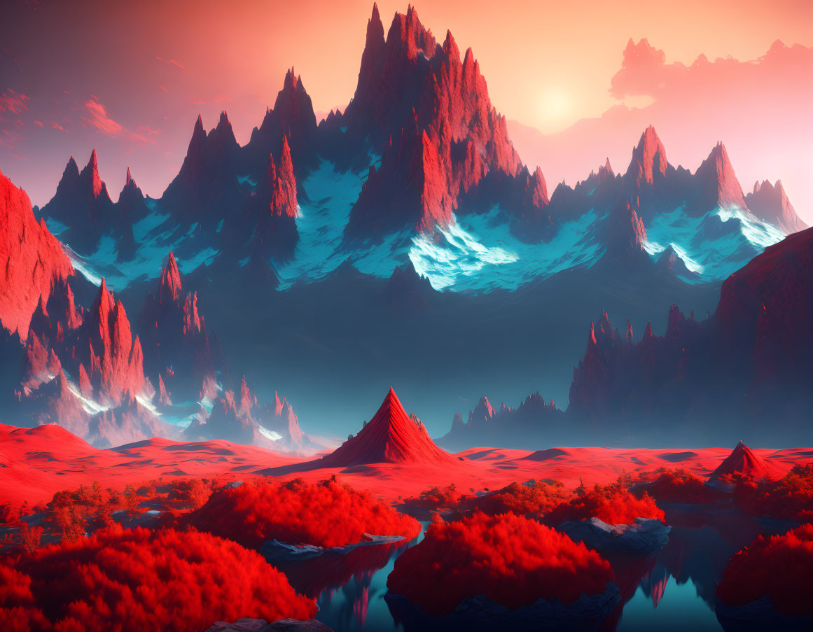 Vivid landscape with red foliage, spiky mountains, and sunset sky over serene water.