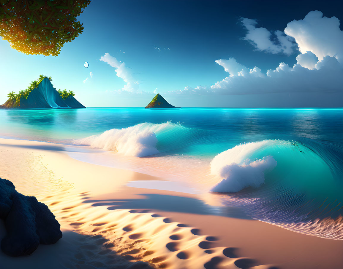 Tranquil beach scene: sunset, blue waves, footprints, crescent moon