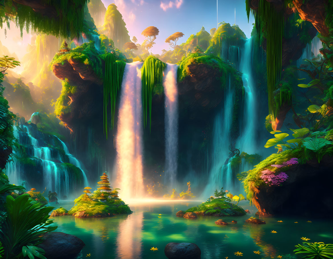 Fantastical landscape with waterfalls, lush foliage, and serene pond